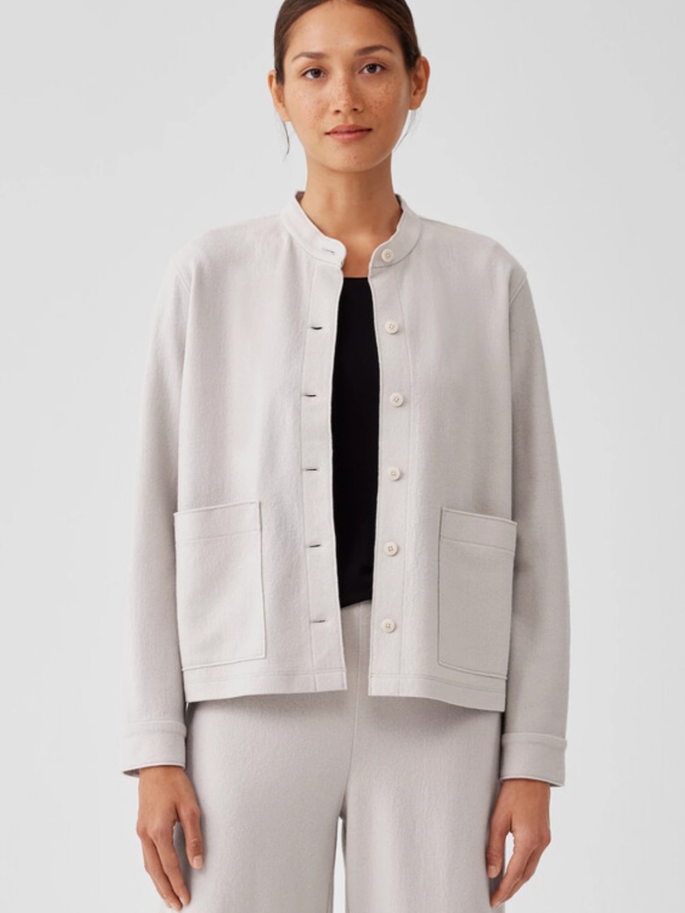 Eileen Fisher Boiled Wool Jersey Mandarin Collar Shirt Jacket
